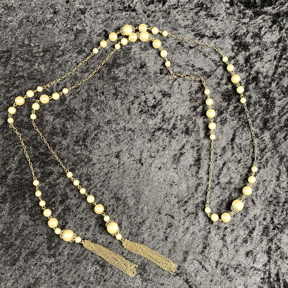 Vintage Flapper 20s Style Lariat Open 56 in Chain Faux Pearl Necklace Tassel - Picture 8 of 8